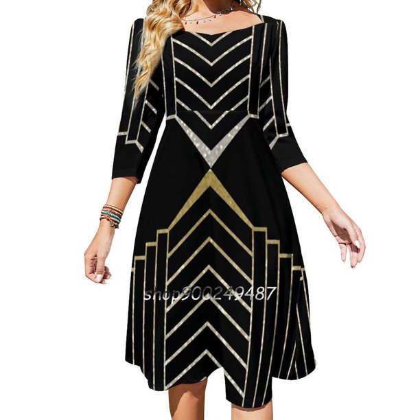 Vestido de verano elegante con escote cuadrado y diseño artístico con destellos dorados para mujer, vestido elegante con estampado halter y láminas de imitación doradas