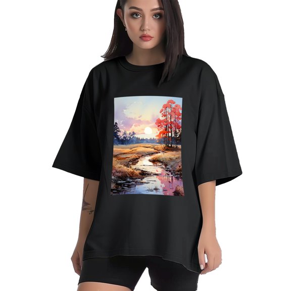 Plus Size Shirt for Women Black Tops for Women Short Sleeves Shirt for Women Landscape3 T Shirt Crewneck Shirt for Women XS