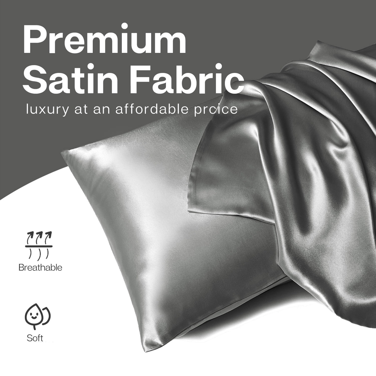 MR&HM Satin Pillow Case, 2 Pack Satin Queen Silky Pillowcase for Hair and Skin, Satin Pillowcase Set of 2, 20x30, Dark Grey