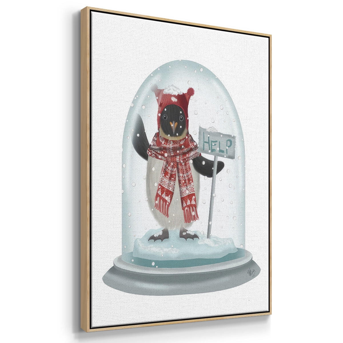 Christmas Penguin Snow Globe - Framed Gallery Wrapped Holiday Canvas - 27 x 41 - Natural Wood Frame