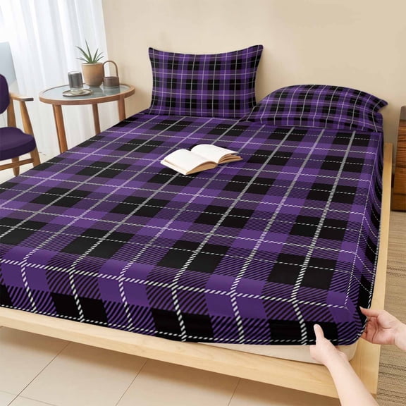 Twin Sze Fitted Sheet Set - Purple Black Buffalo Check 2 Piece Bedding Sets 16" Deep Pocket Fitted Sheet with 1 Pillowcase, Farmhouse Modern Plaid Brushed Microfiber Hotel Luxury Bed Sheets