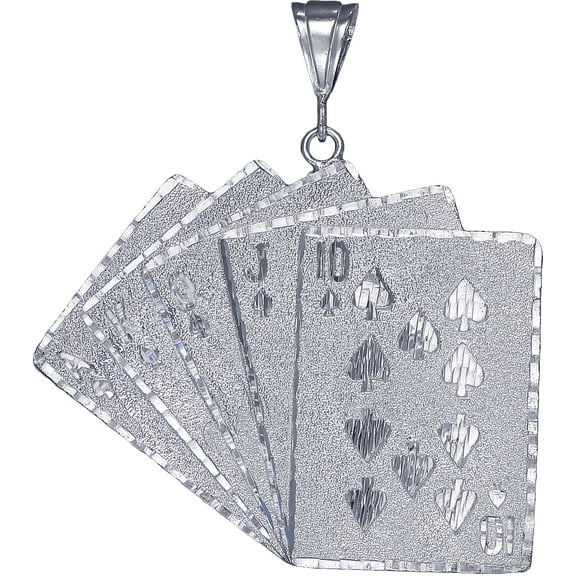 Huge Heavy Sterling Silver Royal Flush of Hearts Poker Charm Playing Cards Pendant Necklace 20 Grams 2.75 Inches with Diamond Cut Finish and 24 Inch Figaro Chain