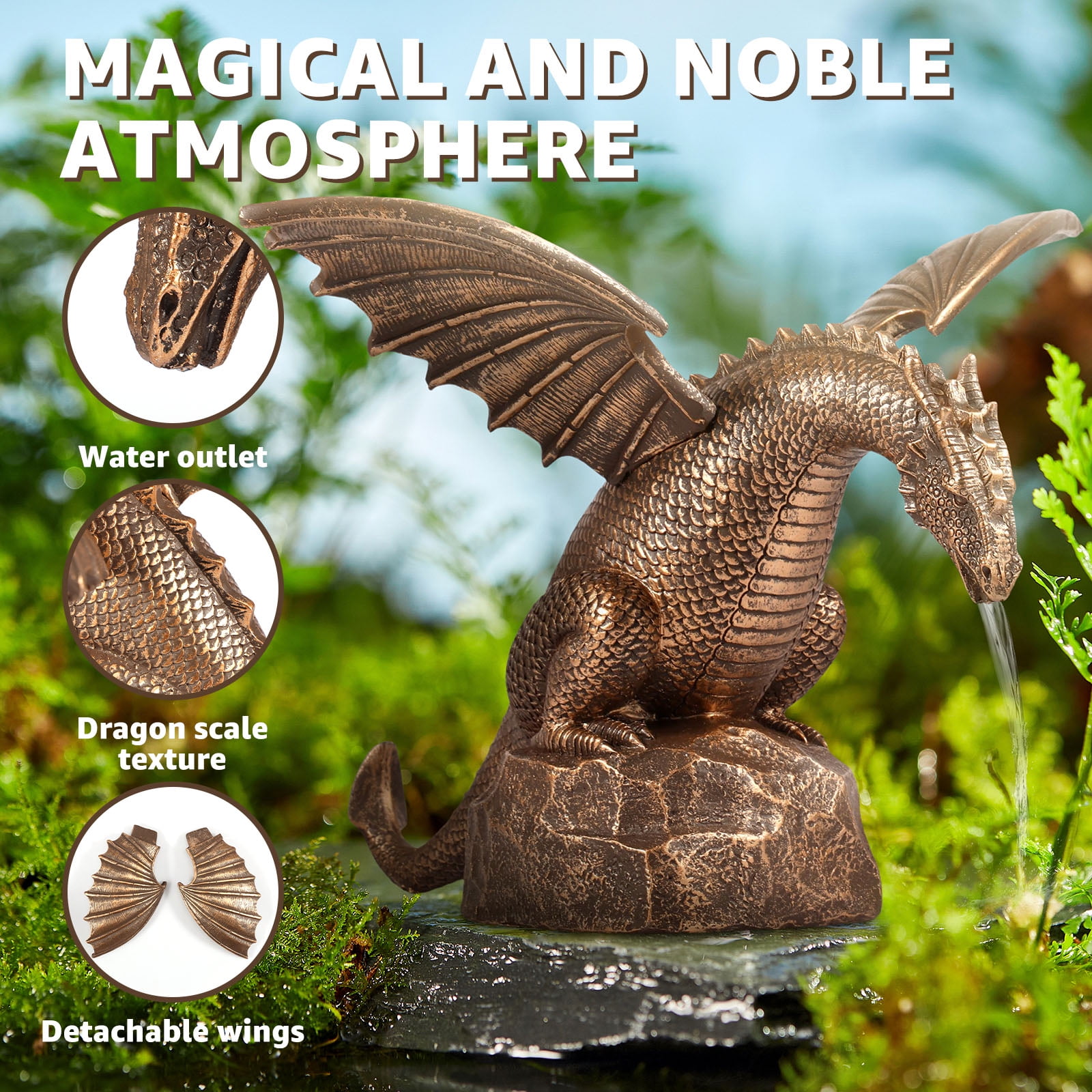Dragon Water Fountain Décor Resin Garden Dragon Statue Fountain Vintage Dragon Wall Fall Fountain Sculpture Vivid Dragon Fountain Ornament for Outdoor Yard Garden