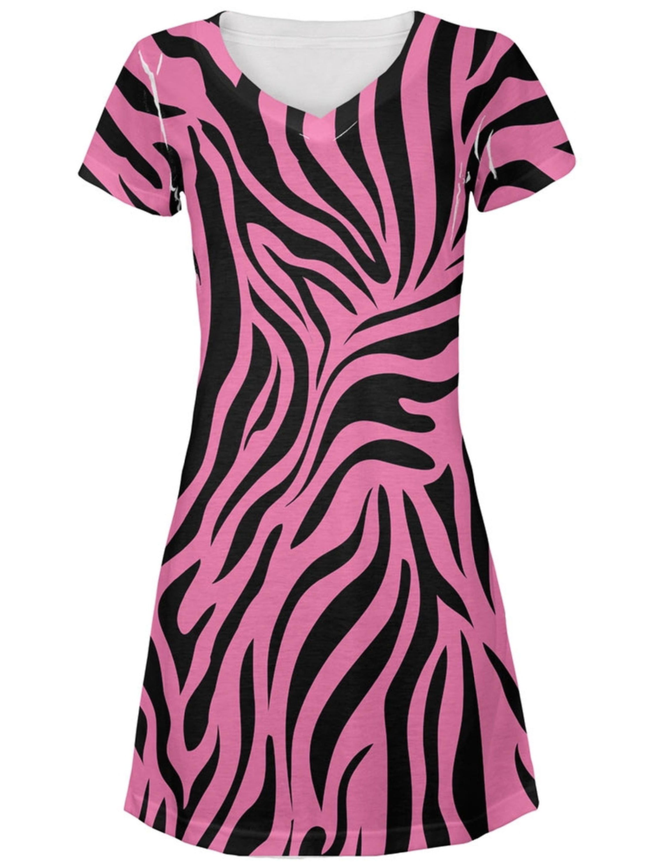 Zebra Print Pink All Over Juniors VNeck Dress