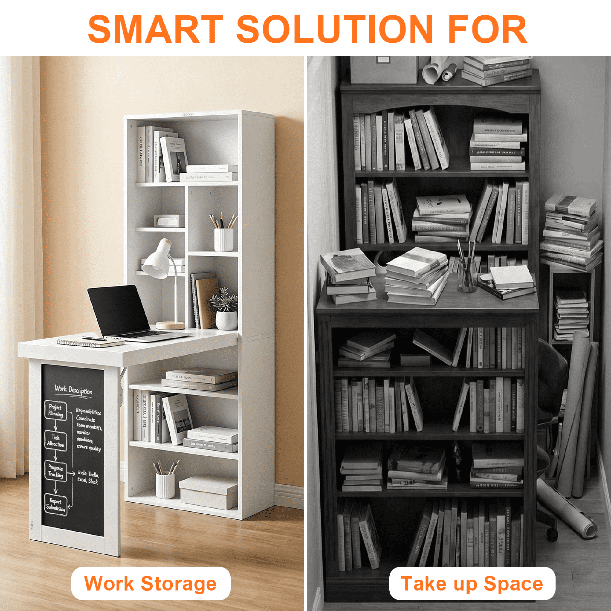 Leumius Folding Desk with Storage,Fold-Out Wall Mounted Computer Desk with Storage Shelves, Convertible Folding Writing Desk Cabinet with Chalkboard, Space-Saving Home Office Desk,White
