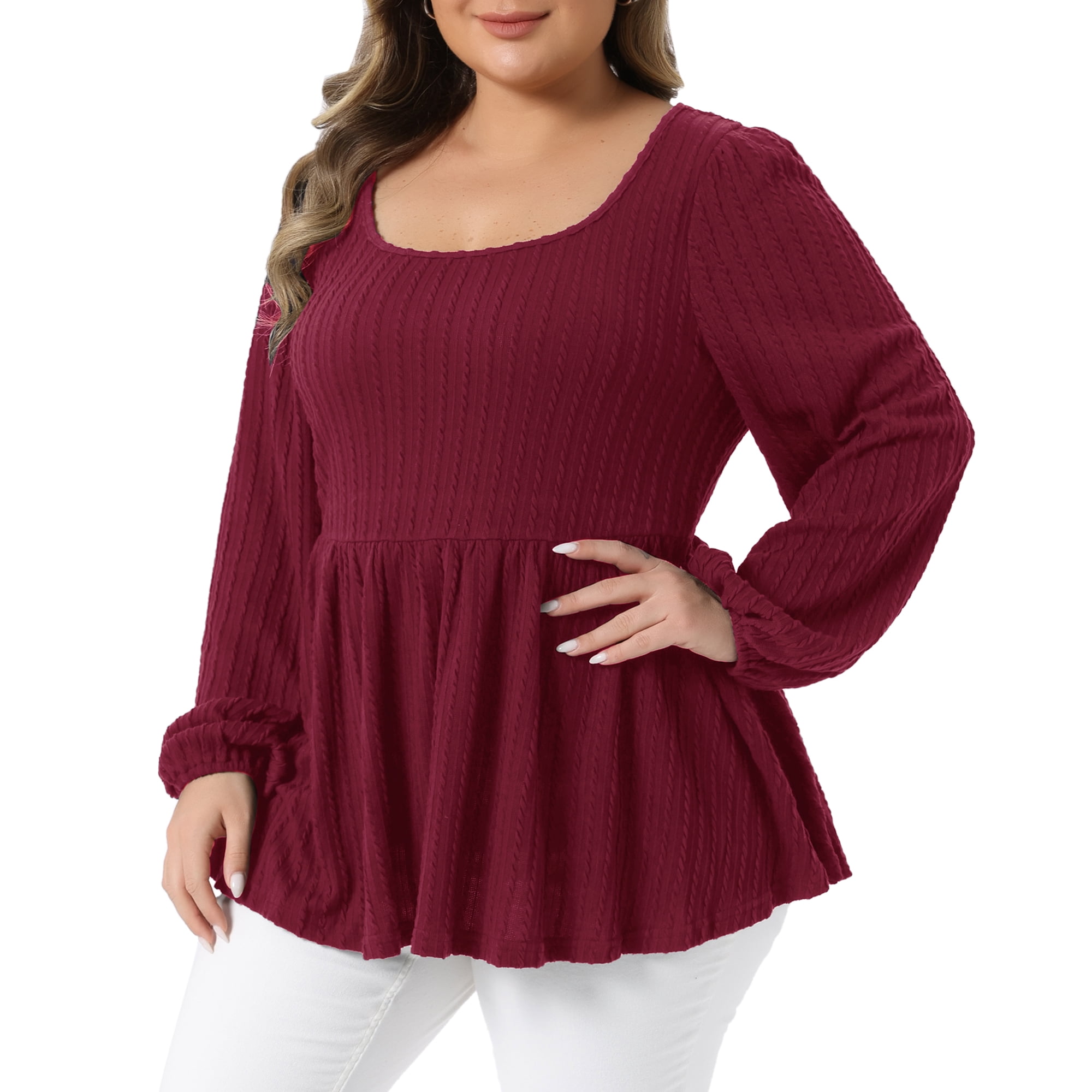 DARING DIVA Women's Plus Blouses Scoop Neck Ruffle Hem Peplum Knit Top 1X Wine Red