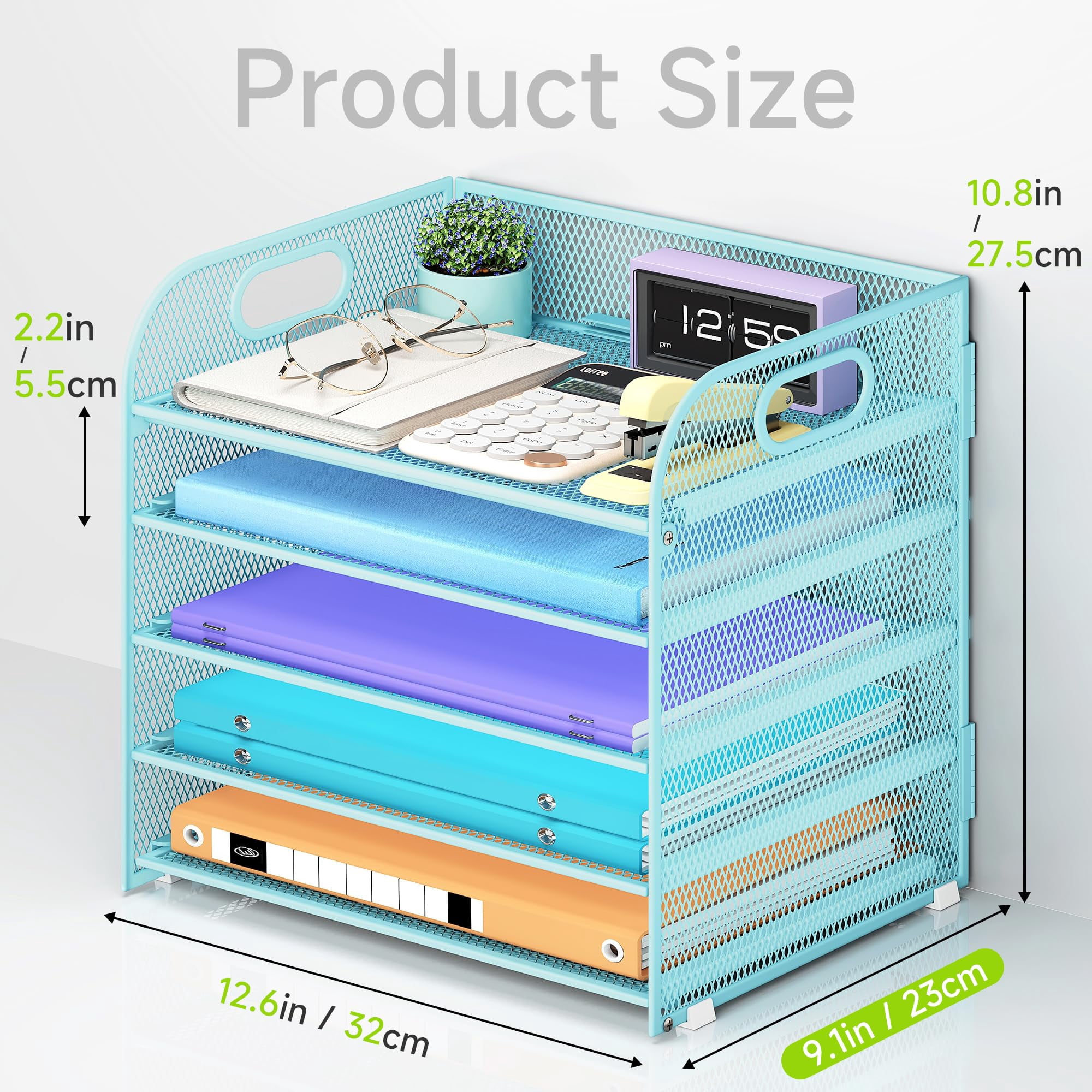 5 Tier Paper Organizer With Handle  Blue Metal Mesh Desk File Folder Letter Tray Desktop Document Sorter For Classroom School Office Accessories Organization And Storage