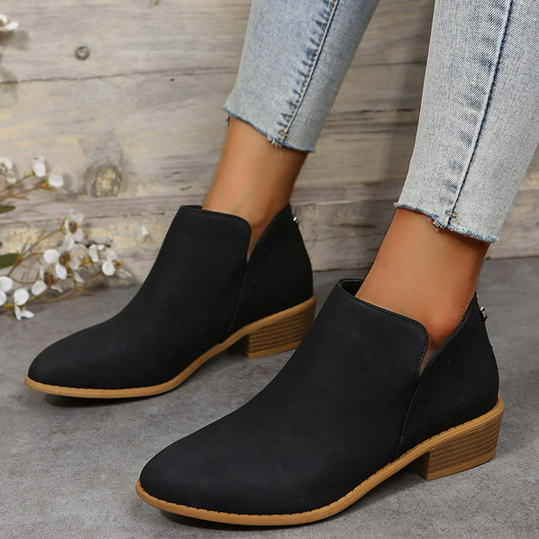 HAOTAGS Women's Leather Booties Low Heel Ankle Boots Mid Heel Back Zipper  Womens Dressy Shoes Black Size 9