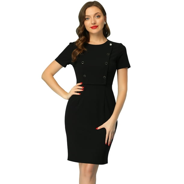 Vestido de tubo para mujer, informal, de negocios, cuello redondo, manga corta, vestidos ajustados de punto Negro M
