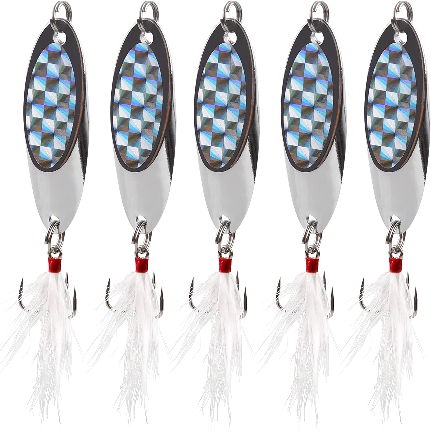 Fishing Spoon Lures Bass Metal Jigs, 5pcs Jigging Spoons with Feather