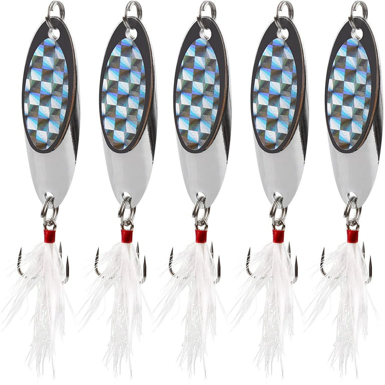 Fishing Spoon Lures Bass Metal Jigs, 5pcs Jigging Spoons with Feather Tail  Treble Hooks Hard Metal Spoon Lures for Saltwater Freshwater Trout Salmon 