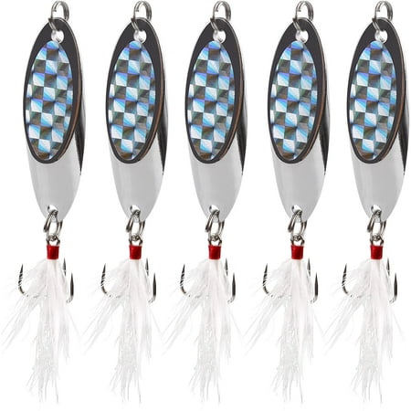 Fishing Spoon Lures Bass Metal Jigs 5pcs Jigging Spoons with Feather Tail Treble Hooks Hard Metal Spoon Lures for Saltwater Freshwater Trout Salmon