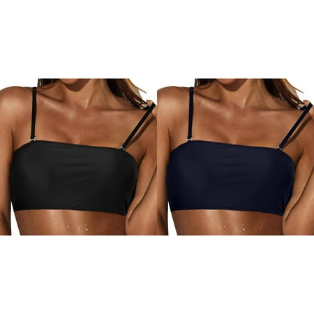 (2-Pack) Kcodviy Women Removable Shoulder Strap Womens Swim Top Large Bust Swimwear Tops Strapless Bikini Swimsuits for Women with Shorts Underwire Top Bandeau Swim Top Tube Top Swimsuit Blouse