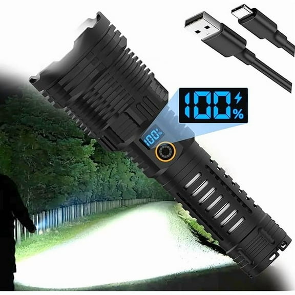 ZC Flashlights High Lumens,Brightest Led Rechargeable Flashlight 900000 Lumens, 5 Modes,Power Display, IP65 Waterproof, Zoomable, Handheld Powerful Flash Lights XHP160.6 for Emergencies Camping