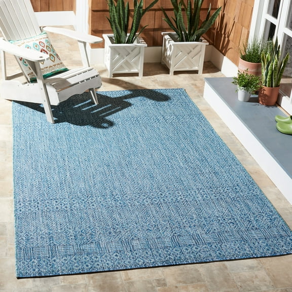 SAFAVIEH Courtyard Evander Geometric Indoor/Outdoor Area Rug, Aqua/Navy, 6'7" x 6'7" Square