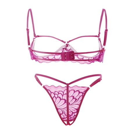 

Bra And Panty Set Two Piece Lingerie Set for Women Scallop Floral Lace Bra and Panty Sets Push Up Sheer Mesh Underwire Bra Set(XL Hot Pink)