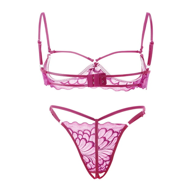 Gibobby Conjunto Lencería Tanga Y Bralette Steel Sexy Fashion Garter Nueva ropa de dormir Anillo Pijamas Ropa interior de encaje Lencería Íntimos(Rosa caliente, XL)