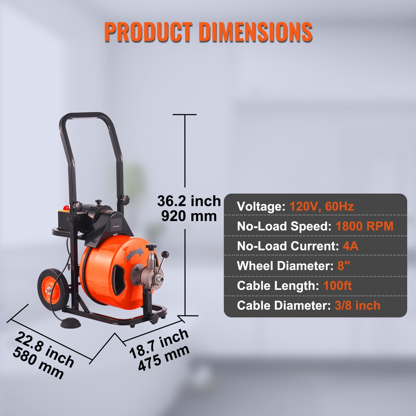 BENTISM Drain Cleaner Machine 100ft x 3/8 ", Electric Drain Auger 1800 RPM Auto Feed Drain Cleaner Machine Commercial Sewer Snake Drill