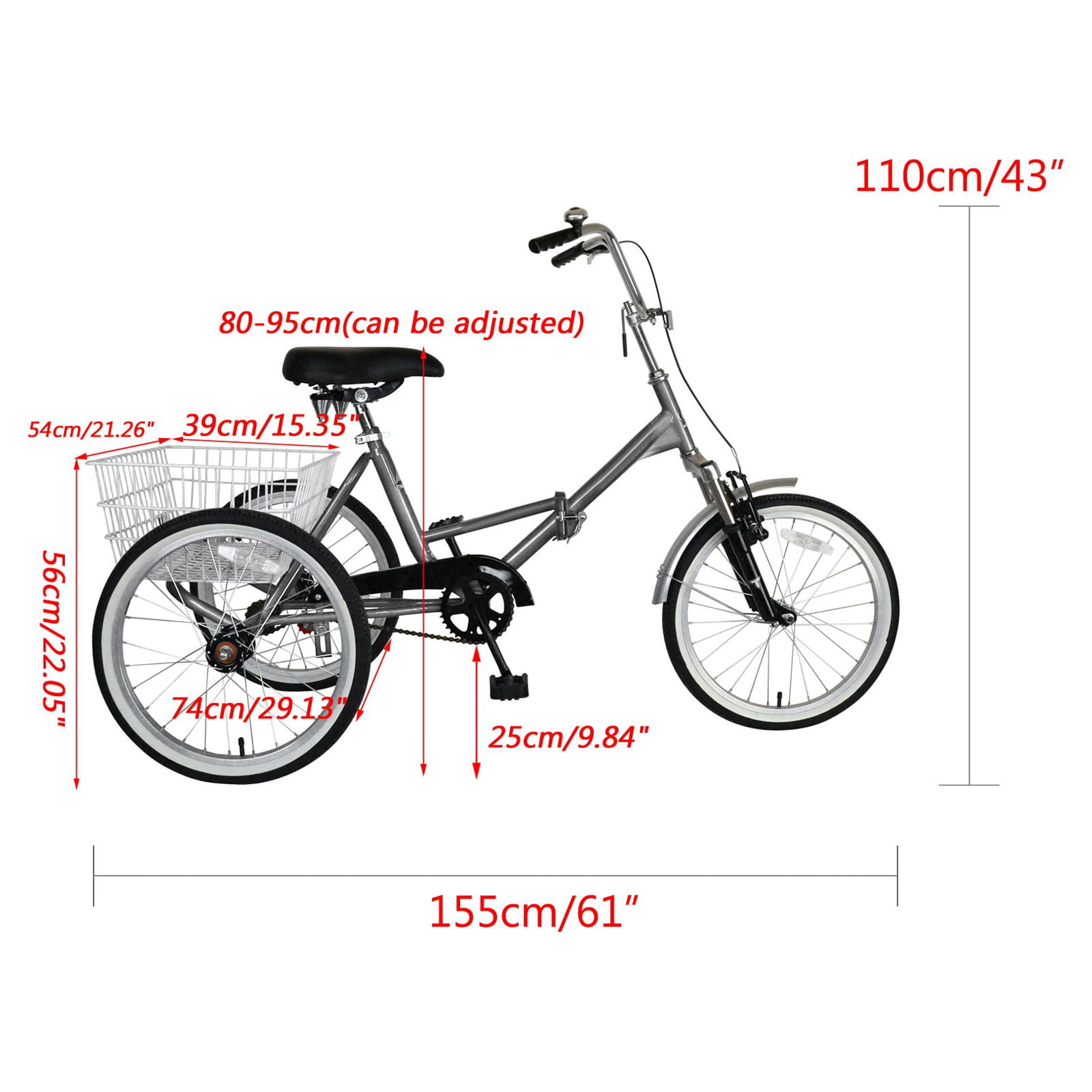 Areyourshop Adult Folding Tricycle Bike 3 Wheeler Bicycle Portable Tricycle 20 Wheels Gray Walmart