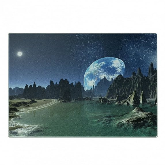 Fantasy Cutting Board, Tranquil Futuristic View of Earth Rising from Alien Shores Sci Fi Theme, Decorative Tempered Glass Cutting and Serving Board, Small Size, Dark Blue Jade Green, by Ambesonne