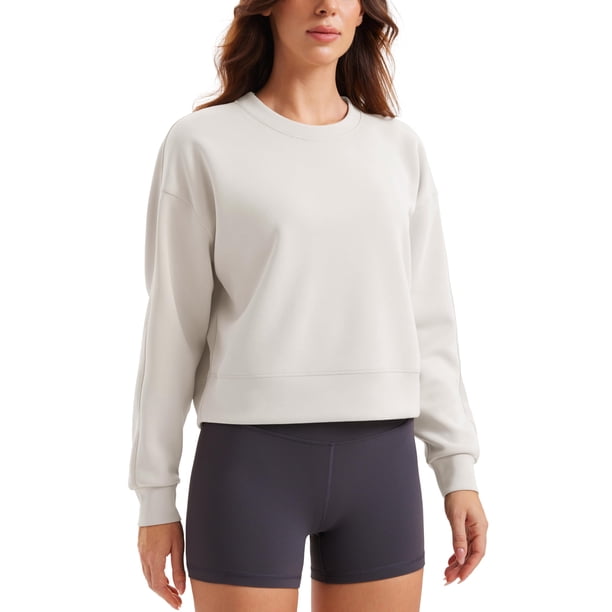 Sudadera CRZ YOGA SoftAura con cuello redondo y manga larga para mujer, color blanco