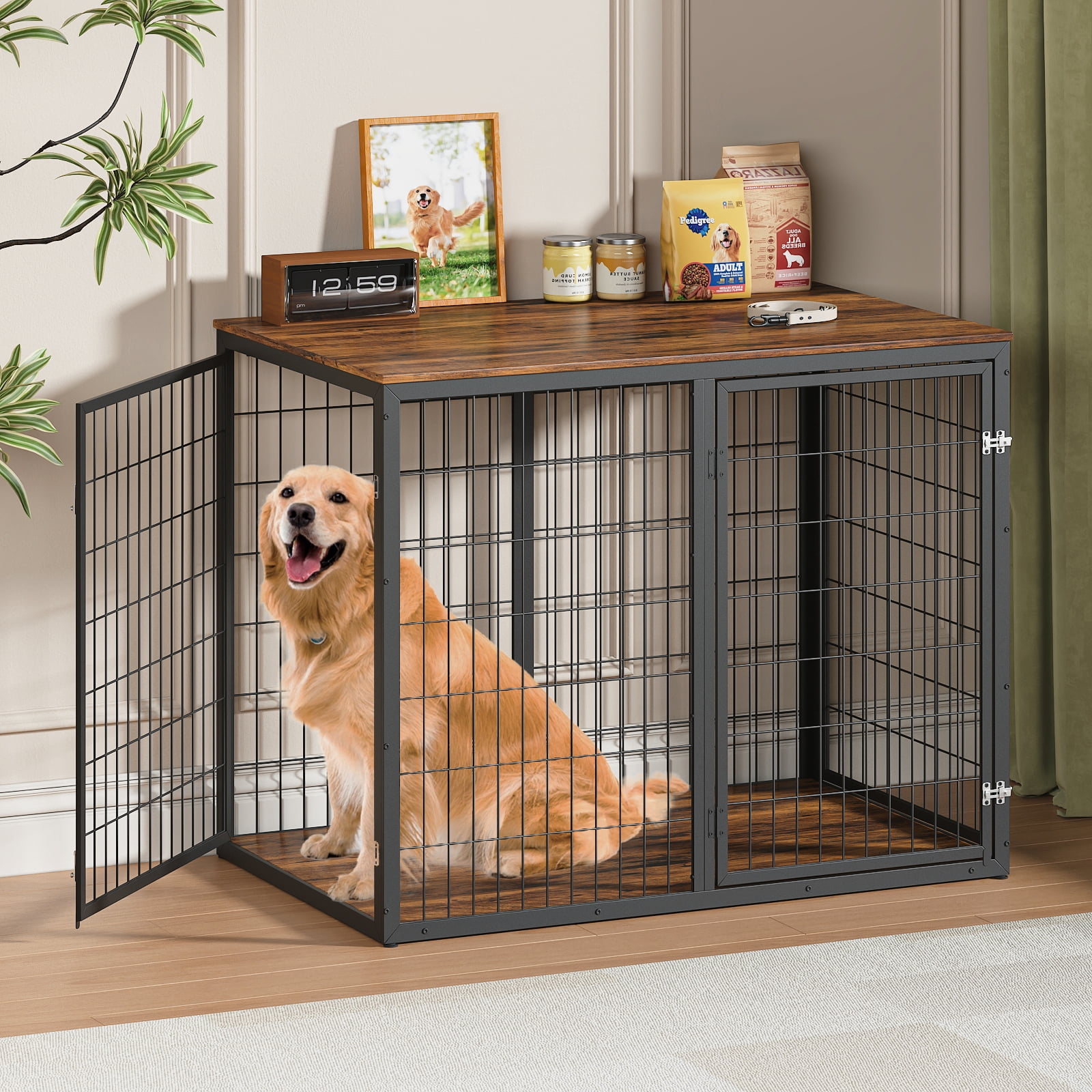 Dog Crate Furniture, Three Door Kennel, Rustic Brown Pet House with Ventilated Metal Frame and Storage Top, Large Dog Cage for Living Room, 47 Inch Brown