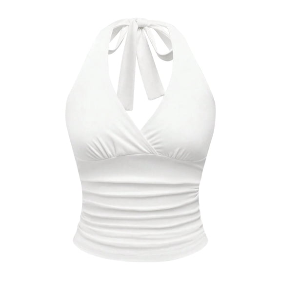 Bibifish Womens Tank Tops Halter Neck Deep V Going Out Tops Slim Fit Ruched Tie Back Solid Cropped Sexy Cami Tops