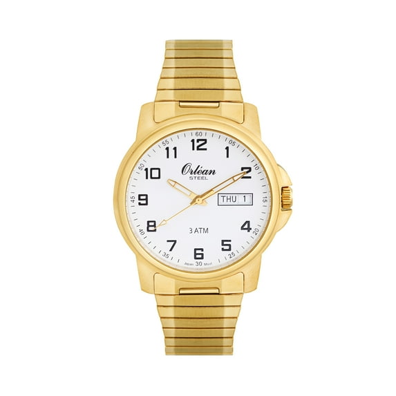Orlean Mens Easy to Read Stretch Watch with Day / Date - Full 316L Stainless Steel Watch, Long Expansion Band - 38mm Analog Men's Metal Wrist Watches - White Dial, Big Easy Read Numbers - Gold