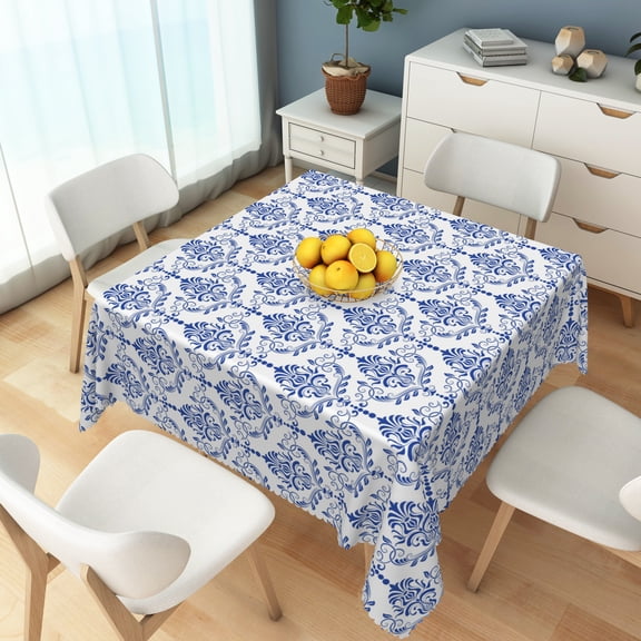 Vintage Blue And White Floral Square Tablecloth,Waterproof Table Cover For Holiday Party Dining Picnic Outdoor Decor,52x52 Inch