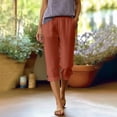 thumbnail image 3 of cocolona Womens Summer Casual Linen Capri Pants Solid Color Elastic Waist Button Leg Cropped Pants with Pocket, 3 of 5