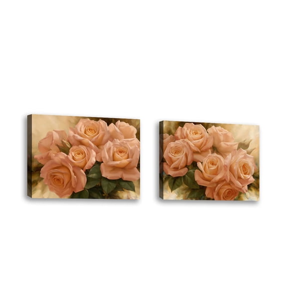 Set of 2 - Peach Rose Splendor II - Contemporary Fine Art Giclee on Canvas Gallery Wrap - wall décor - Art painting - 24 x 18 Inch - Ready to Hang