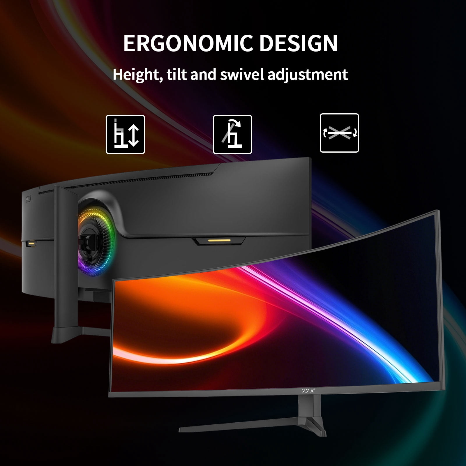 ZZA 49" Curved Gaming Monitor | 5120x1440 Dual QHD, 165Hz, 1500R, 32:9 Ultra-Wide, AMD FreeSync, 120% sRGB, Height Adjustable, HDMI 2.1 & DisplayPort 1.4, VESA Mount, Black