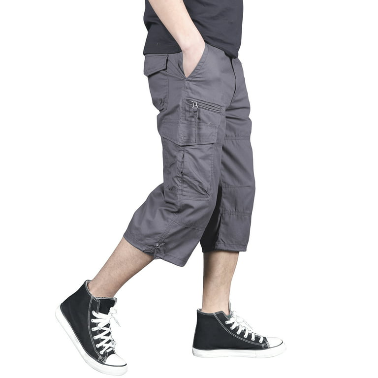 FEDTOSING Men's 3/4 Long Capri Shorts Casual Elastic Waist Cotton Relaxed  Fit Cargo Shorts Black