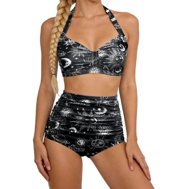 GDREDA Detachable Padding Neck Printed Two Piece Tankini Swimsuit High Waist Adjustable Ties Black1,L