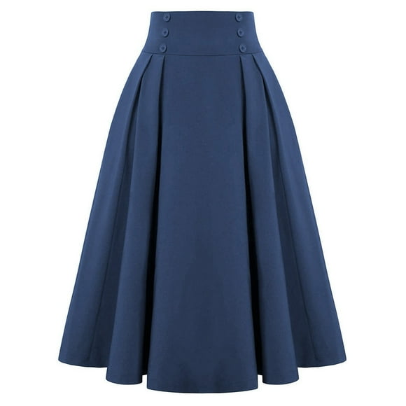 Womens Elegant Office Solid Color A Skirt Vintage Vintage Waist Pleated Skirt Skirt Blue S