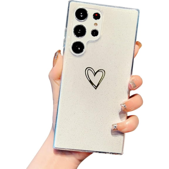Designed for Samsung Galaxy S23 Ultra Case, Cute Heart Bling Glitter Clear Case for Women Girls, Shockproof Protective Soft Transparent Case for Samsung S23 Ultra 5G 6.8 inch (Heart b)