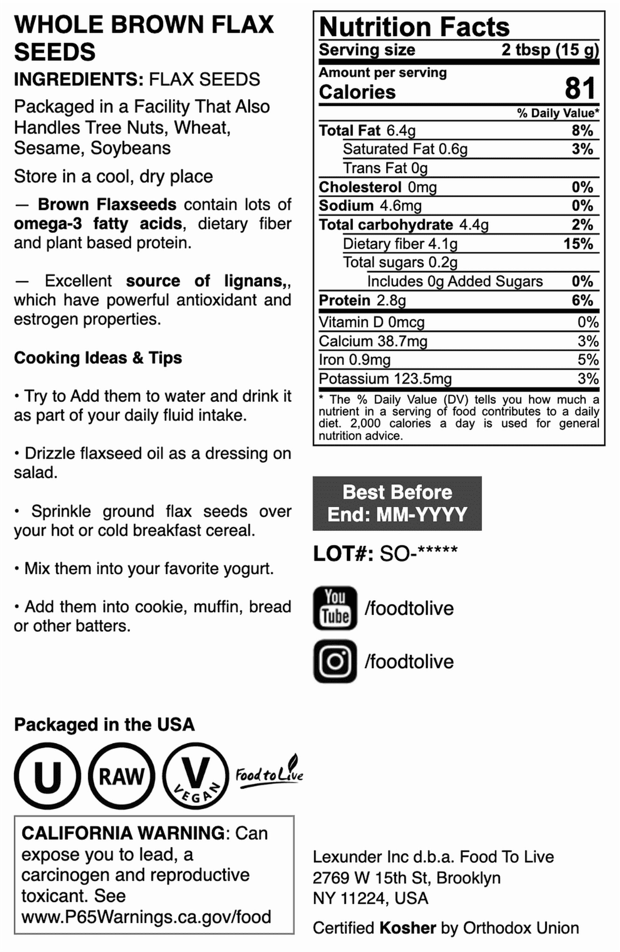 Whole Brown Flax Seeds, 16 Pounds — Kosher, Raw, Vegan — by Food to Live
