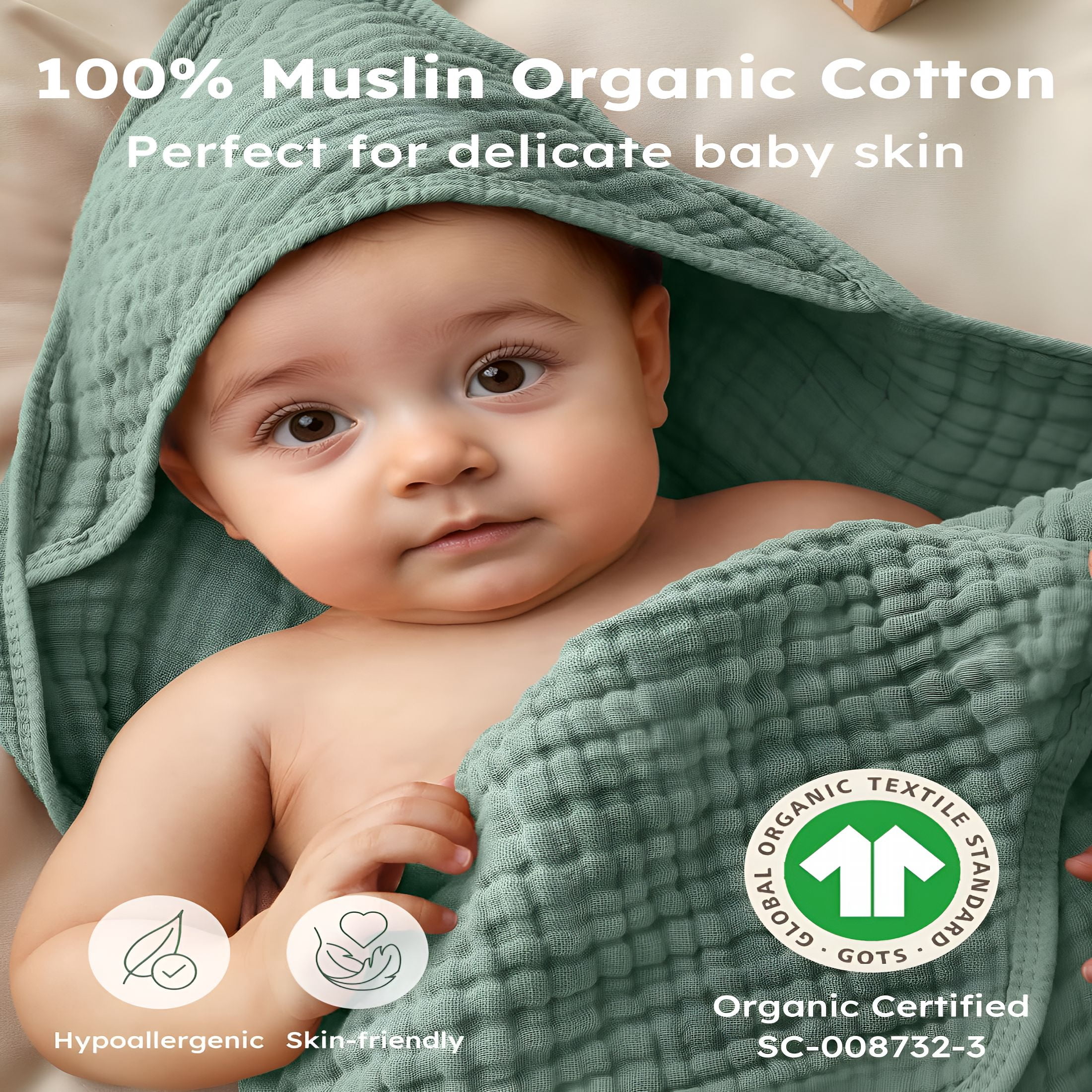 ARLAJO Hooded Baby Towels for Newborn 2 Pack 100% Muslin Organic Cotton Baby Bath Towel with Hood for Babies,Infant,Toddler and Kids,Large 32X32Inch,Soft and Absorbent