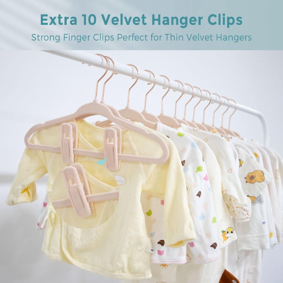 Tonswachic Baby Velvet Hangers 30 Pack - 11 Inch Premium Felt Non Slip Kids Hanger for Infant & Toddler Clothes - 0.2" Slim Space-Saving Baby Felt Hangers for Children's Closet with 10 Clips - Beige