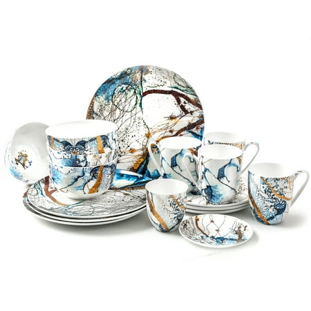 KOKEN - 16-Pc Bone China Dinnerware Set - Elegant Blue Gold Design, Microwave & Dishwasher Safe, Stackable, Blue, 10.4" & 7.8" Plates, 22oz Bowls, 11.8oz Mugs-