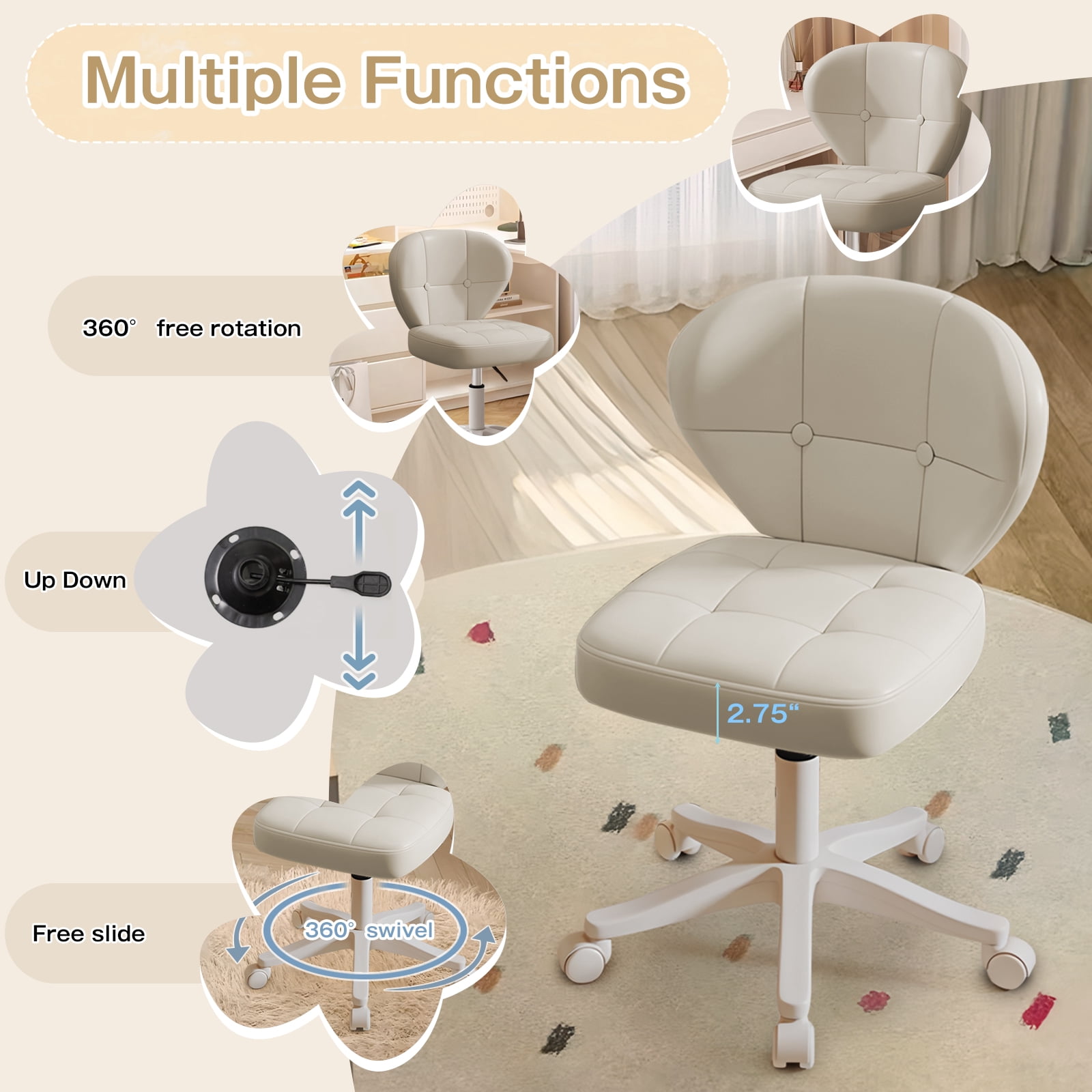 Vanity Chair with Back – Small Armless Office Chair with Wheels, Lumbar Support, PU Leather, Adjustable Height, 360° Swivel for Home, Bedroom, Office White