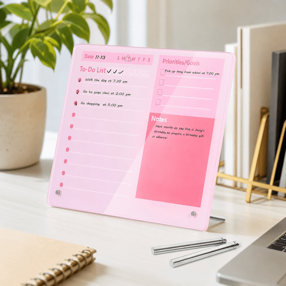 Qiucioku Acrylic Dry Erase Board 12x10 Inch, Pink Desk Planner with Stand, To Do List Board for Office and Home, Weekly Schedule Whiteboard with Markers