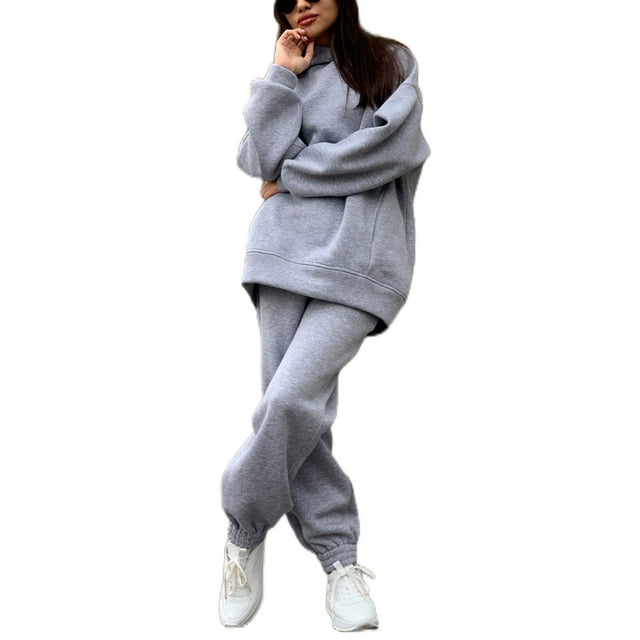 Bellella Women Two Piece Outfit Solid Color Sweatsuits Plain Jogger Set Loose Fit Long Sleeve Lounge Sets Work Light Gray L
