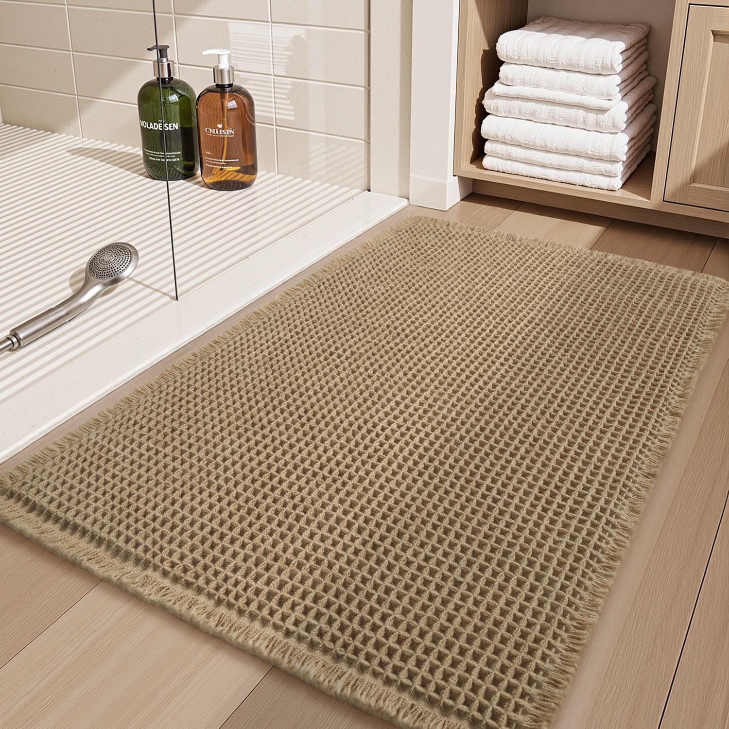 SIXHOME Bathroom Rugs Waffle Bath Rug Super Soft Absorbent Non Slip Bath Mat Beside Tub Rubber Backed Machine Washable Bathroom Rugs with Tassels Boho Bathroom Decor 20" x 32" Brown