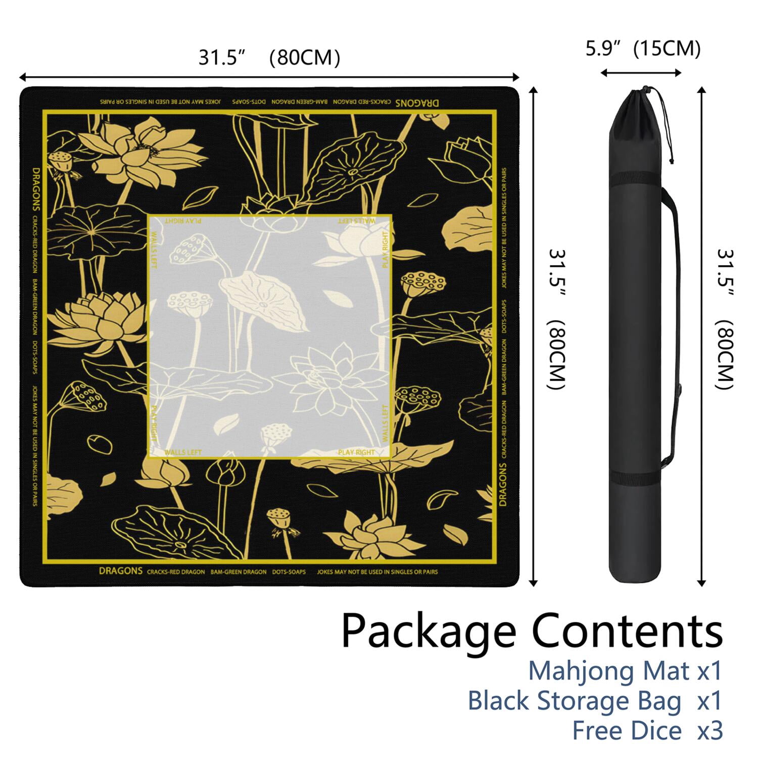 Golden Mahjong Mat with Rules, 31.5*31.5in Anti Slip American Mahjong Mat for Table, Noise Reduction, Neoprene Mah jongg Mats with Carrying Bag & 3 Dices, Mahjong Set Gift, Board Tile Games Mats