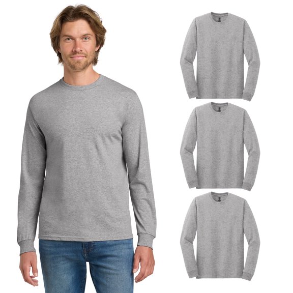Gildan Heavy Cotton Long Sleeve Shirt, Durable Cotton Tee, Sport Grey Bulk Tees, Pack of 3, S