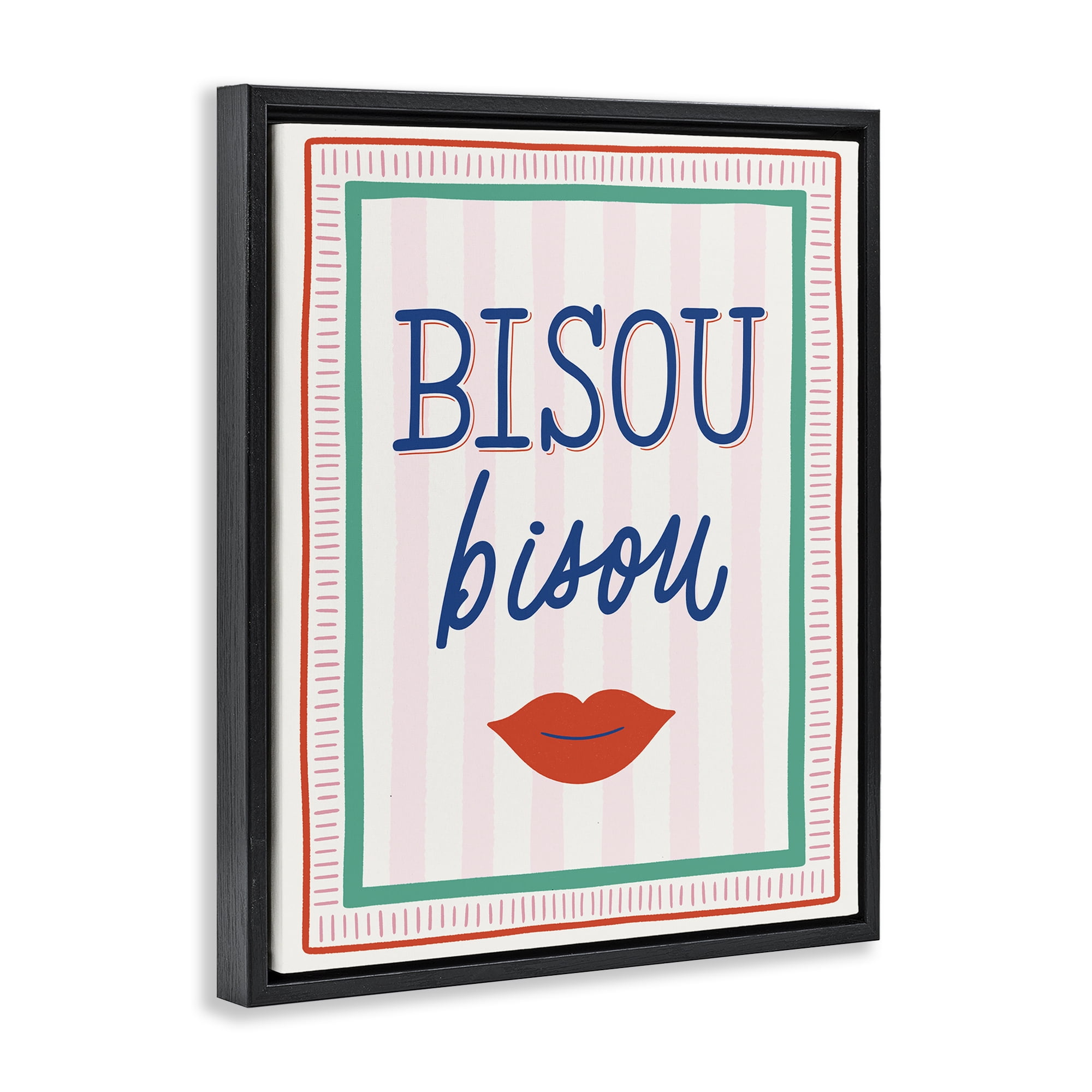 Stupell Industries Bisou Kiss over Stripes Black Framed Floater Canvas Wall Art, design by Jalynn Heerdt