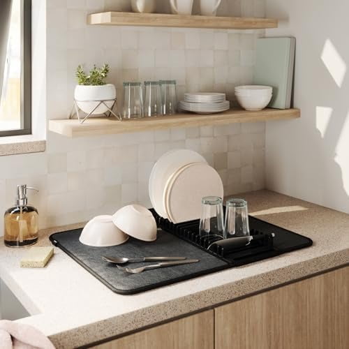 Udry Dish Rack and Microfiber Drying Mat – Space-Saving Design Folds Up for Easy Storage, Basic Rack, Black