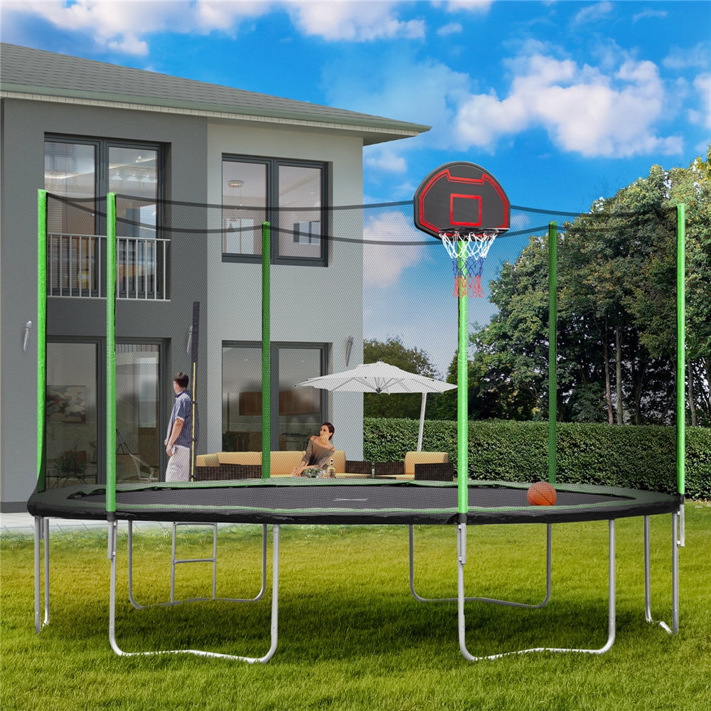 14' Round Trampoline for Kids, New Upgraded Outdoor Trampoline with Safety Enclosure Net, Basketball Hoop and Ladder, Heavy-Duty Trampoline for Indoor or Outdoor Backyard, Holds 264lb,Green,LLL1637