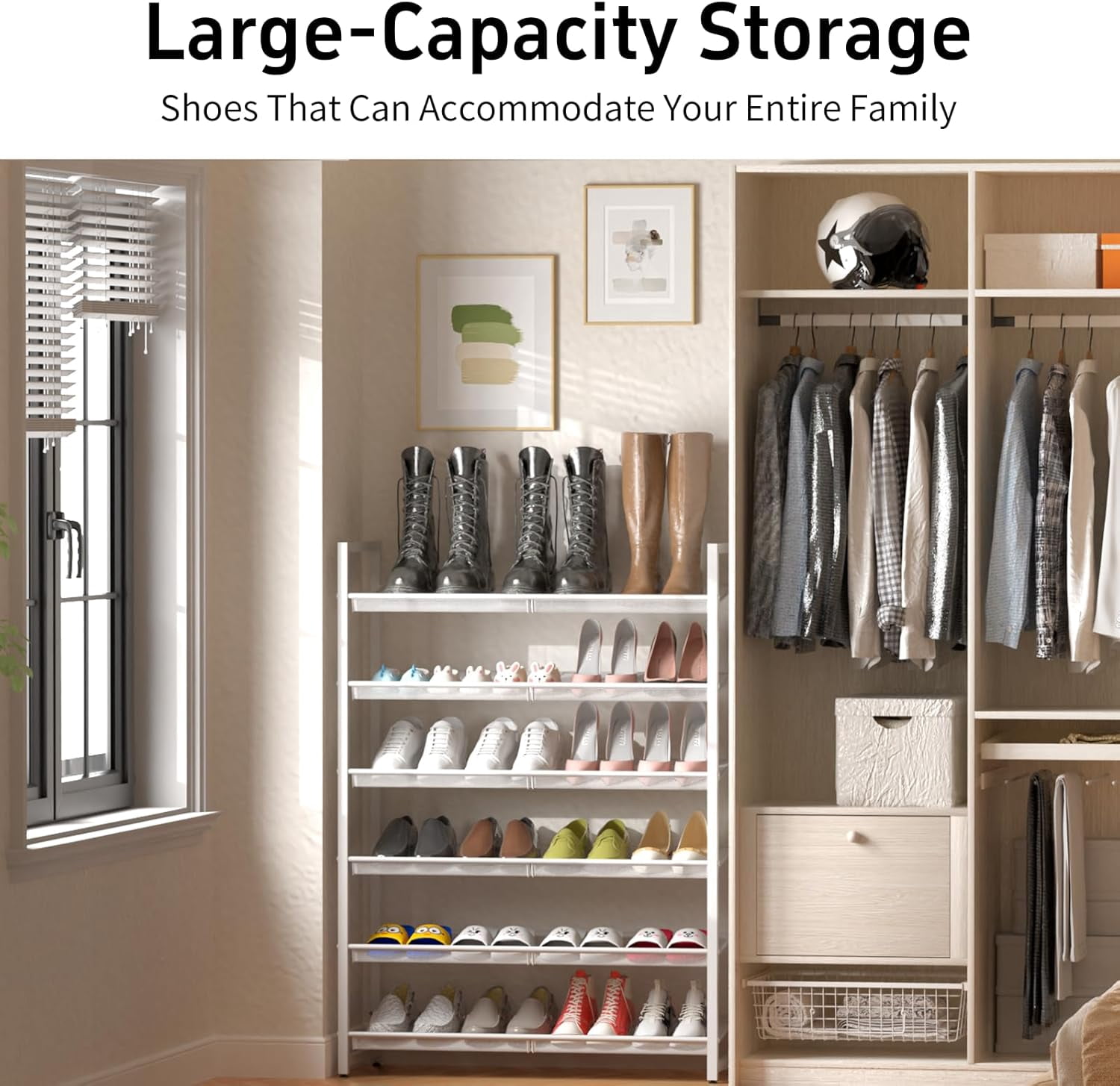 Metal Shoe Rack, 6-Tier Shoe Organizer for Entryway, Tall Shoes Stand with Angled Shelves, Holds 18-24 Pairs, Large Shoe Storage Shelf for Closet Garage Bedroom, White